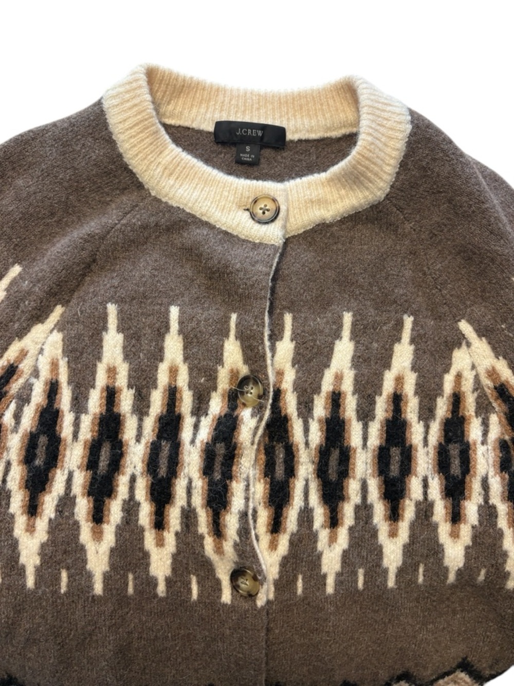 J. Crew Sweater Wool Blend Fair Isle Cardigan S Brown Cream Relaxed Fit Fall - Picture 4 of 7